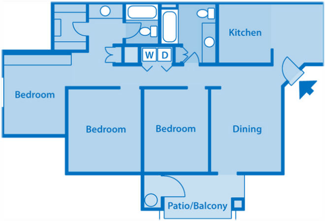 Floor plan for 3 beds, 2 baths, 1128 sqft